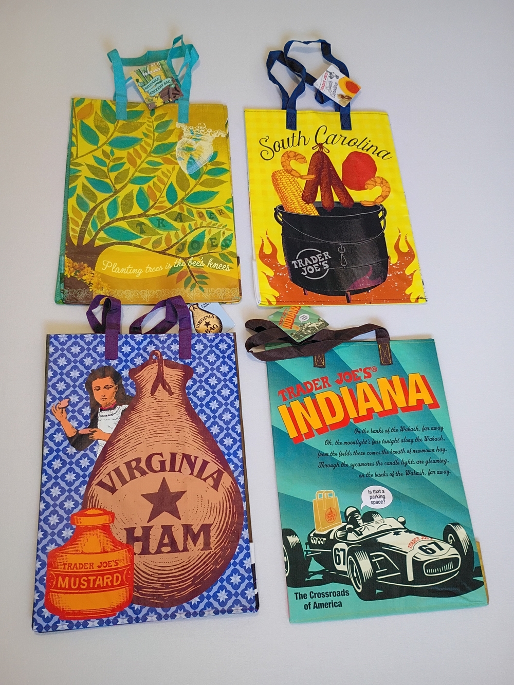 Lot of 4 Trader Joes Reusable State Shopping Bags - IN, VA, SC, and NC
